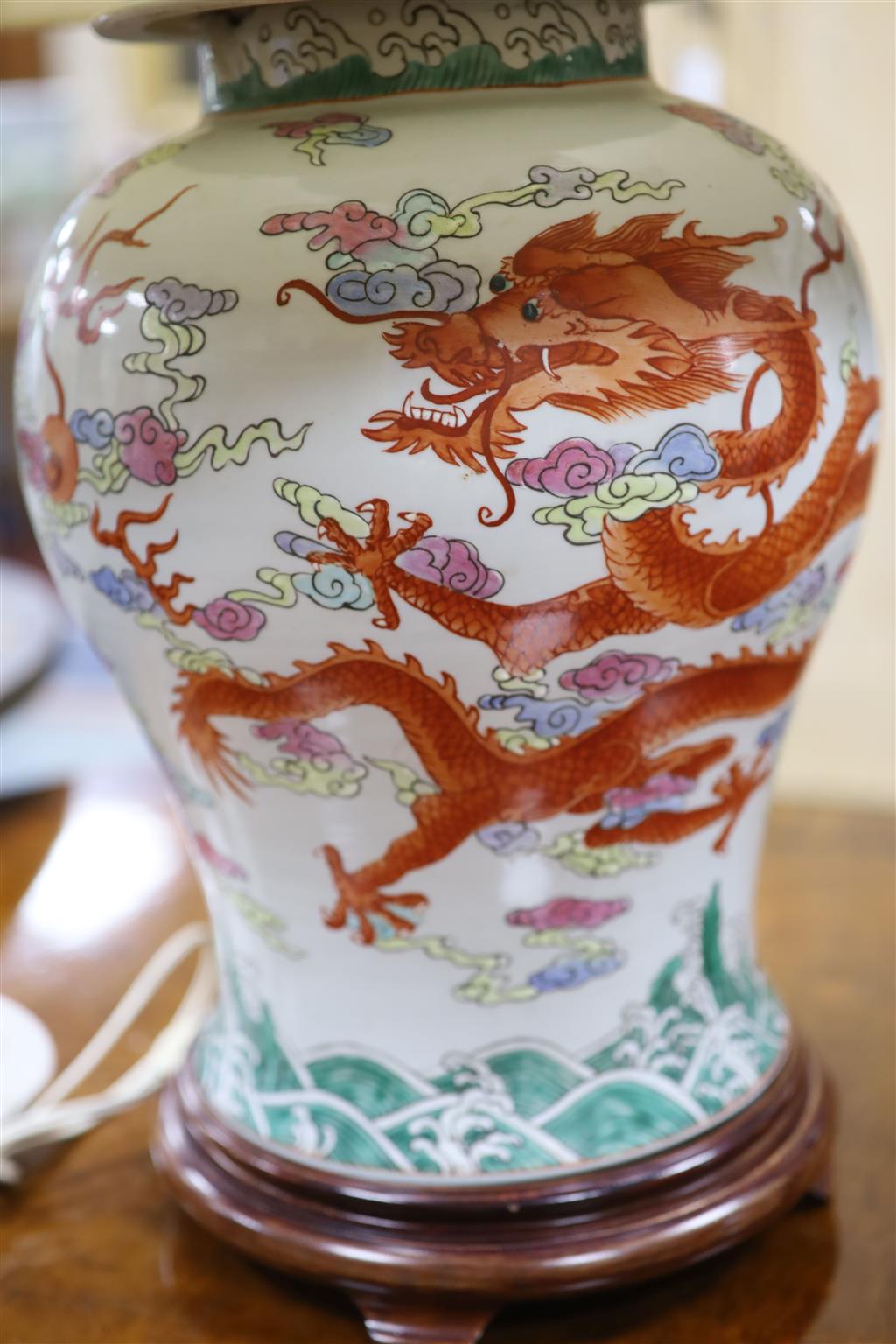 A pair of large Chinese famille rose dragon table lamps